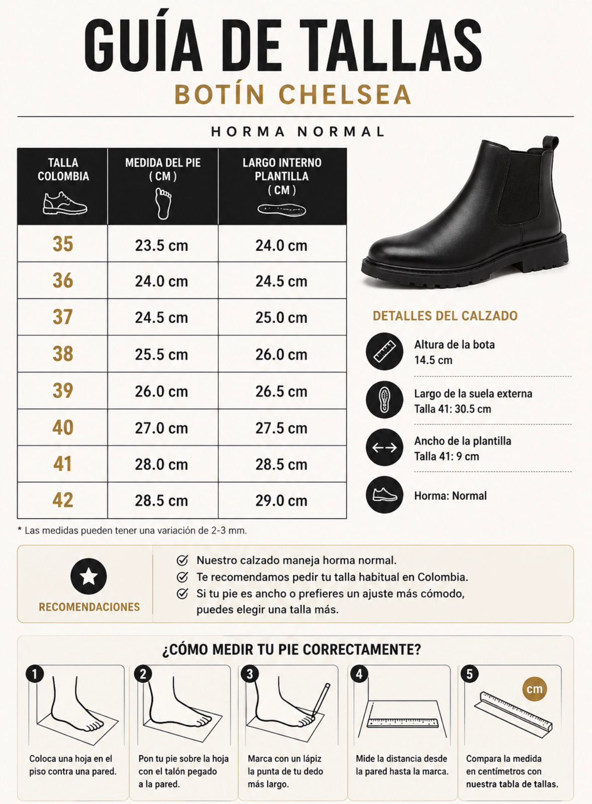 Guía de tallas Botín Chelsea Miel  Stirrup para hombre